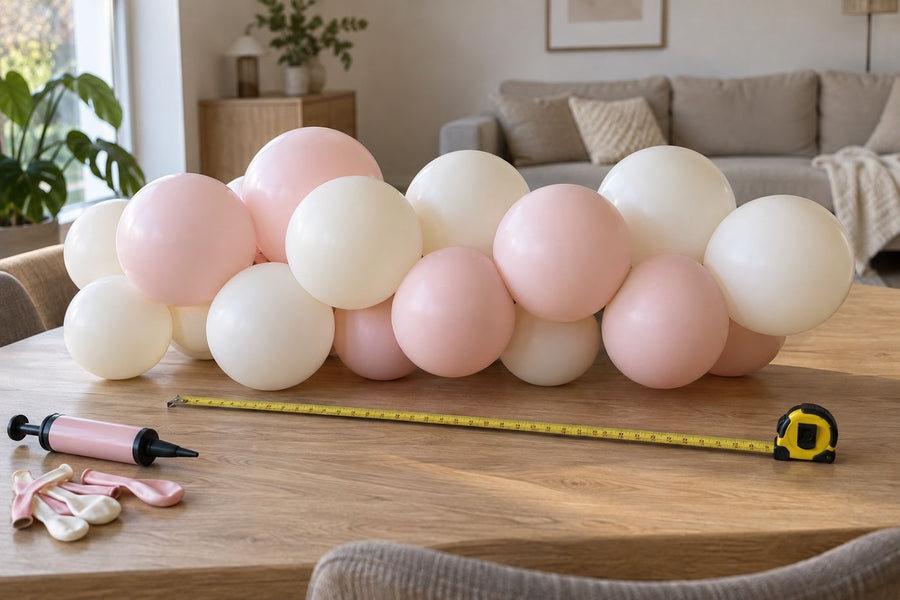 Een kort stuk roze en ivoorkleurige ballonnenslinger met een meetlint op tafel.