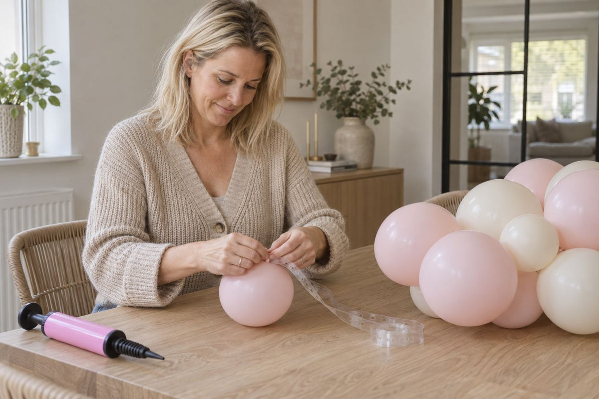 Een vrouw maakt aan tafel een ballonnenslinger met een ballonstrip.