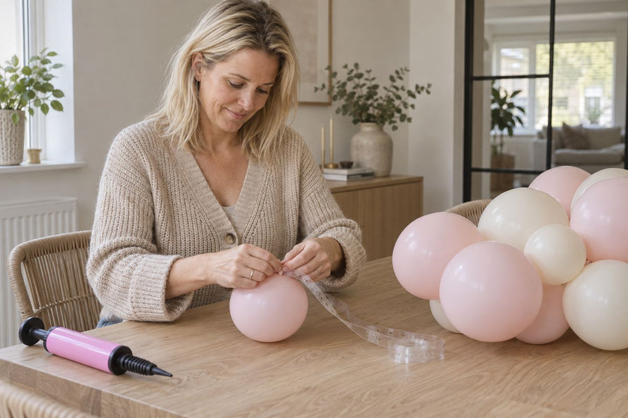 Een vrouw maakt aan tafel een ballonnenslinger met een ballonstrip.