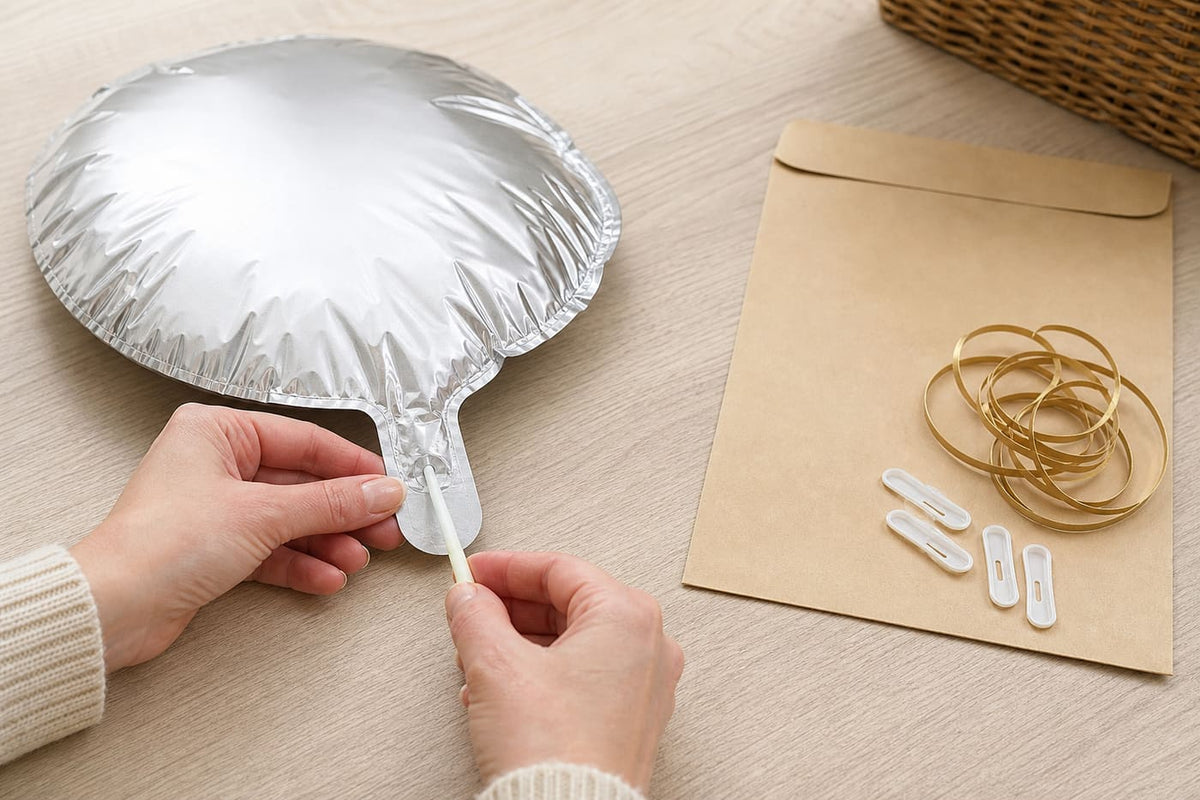 Handen laten een zilveren folieballon via het ventiel voorzichtig leeglopen.