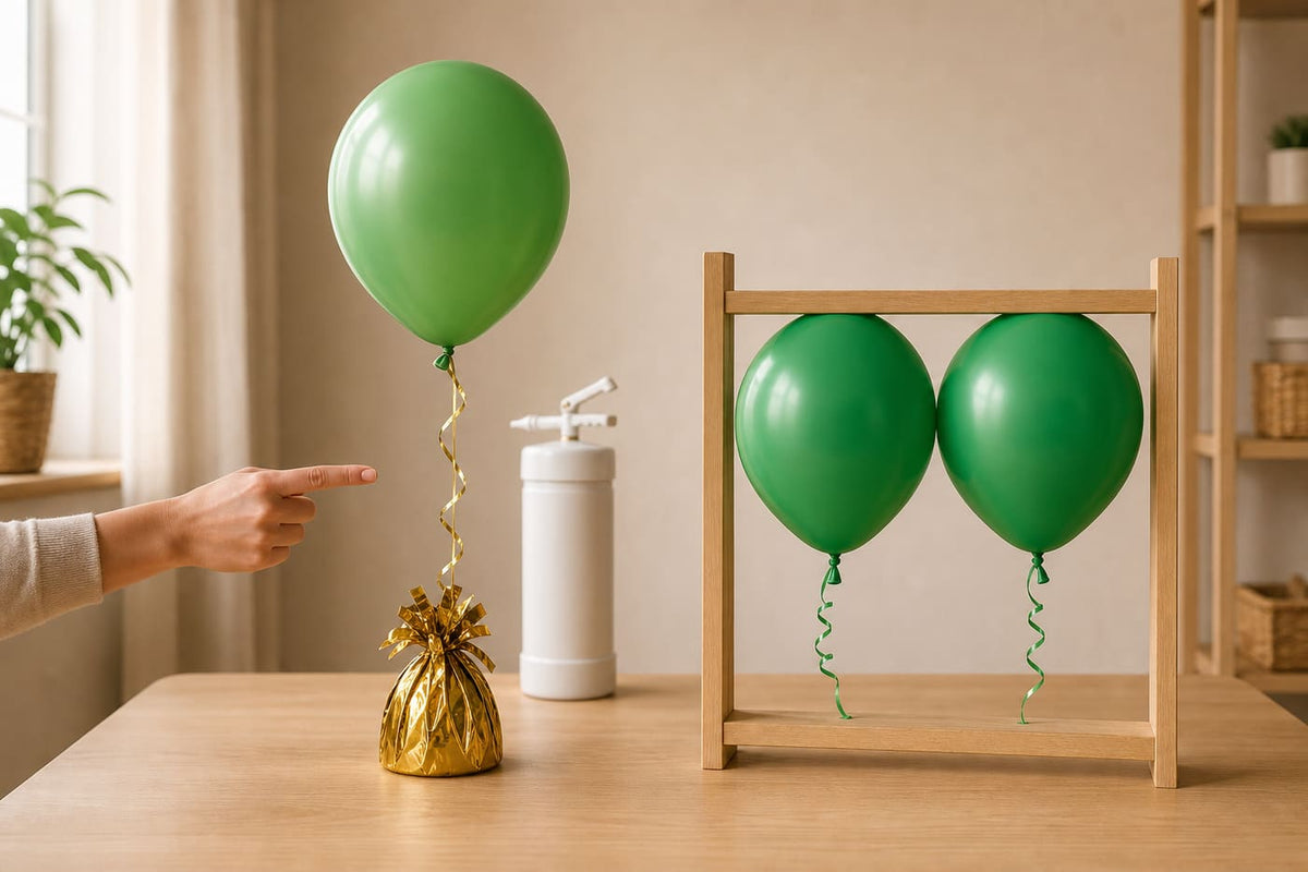 Een gewogen heliumballon wordt vergeleken met luchtgevulde ballonnen in een vast frame.