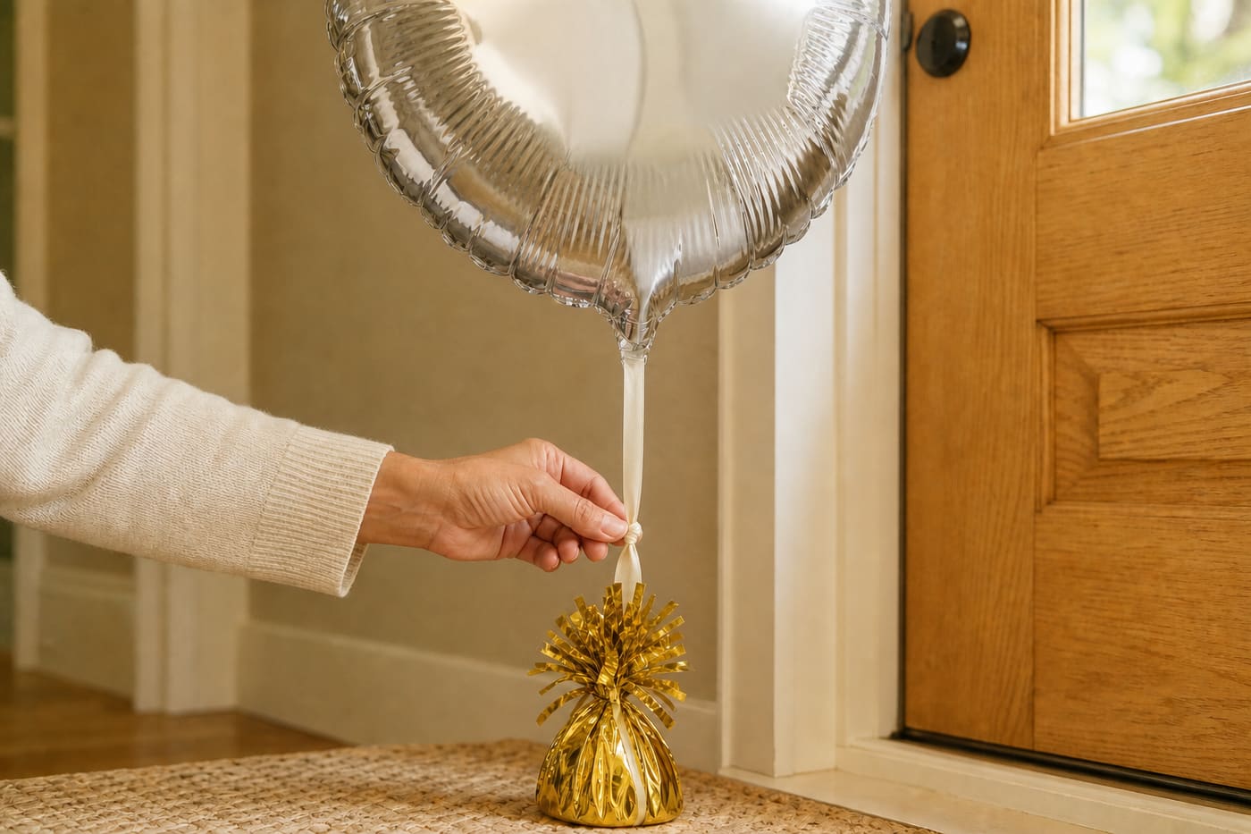 Een zilveren heliumballon is met kort lint stevig aan een goud ballongewicht bevestigd.