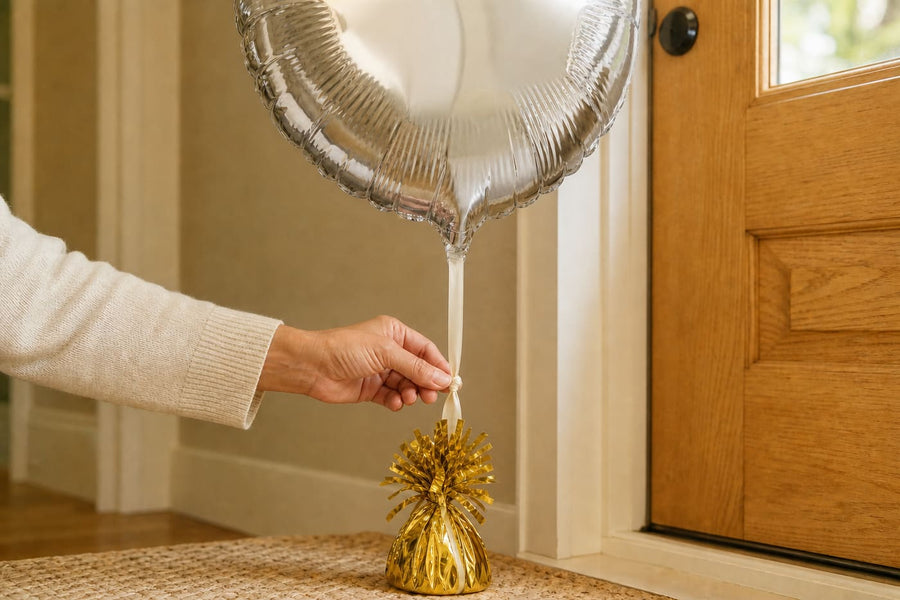 Een zilveren heliumballon is met kort lint stevig aan een goud ballongewicht bevestigd.