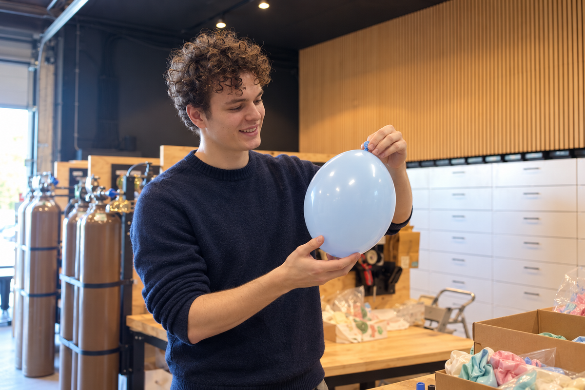 Illustratie van Jesse die een lichtblauwe latexballon in de werkplaats bekijkt.