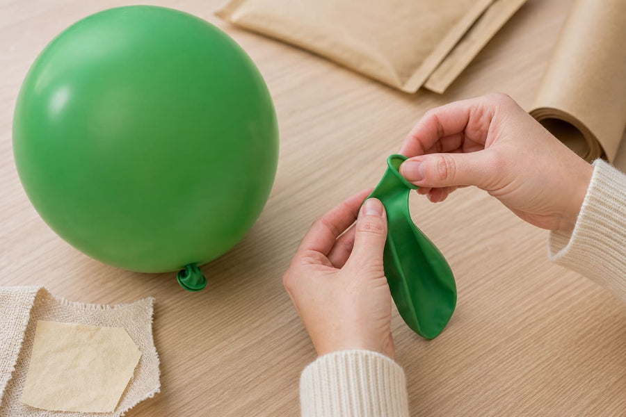 Handen controleren de hals en het materiaal van een groene latexballon.