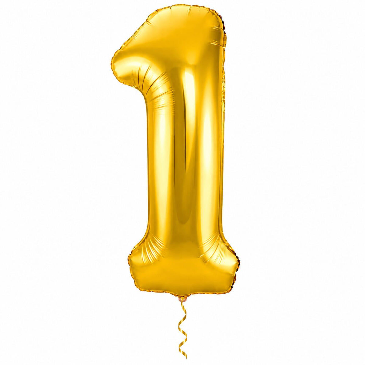 1 Jaar Cijfer Goud XL Ballon met dun metallic gouden lint op witte achtergrond – Ballonnenshop.nl