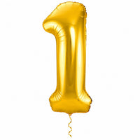 1 Jaar Cijfer Goud XL Ballon met dun metallic gouden lint op witte achtergrond – Ballonnenshop.nl