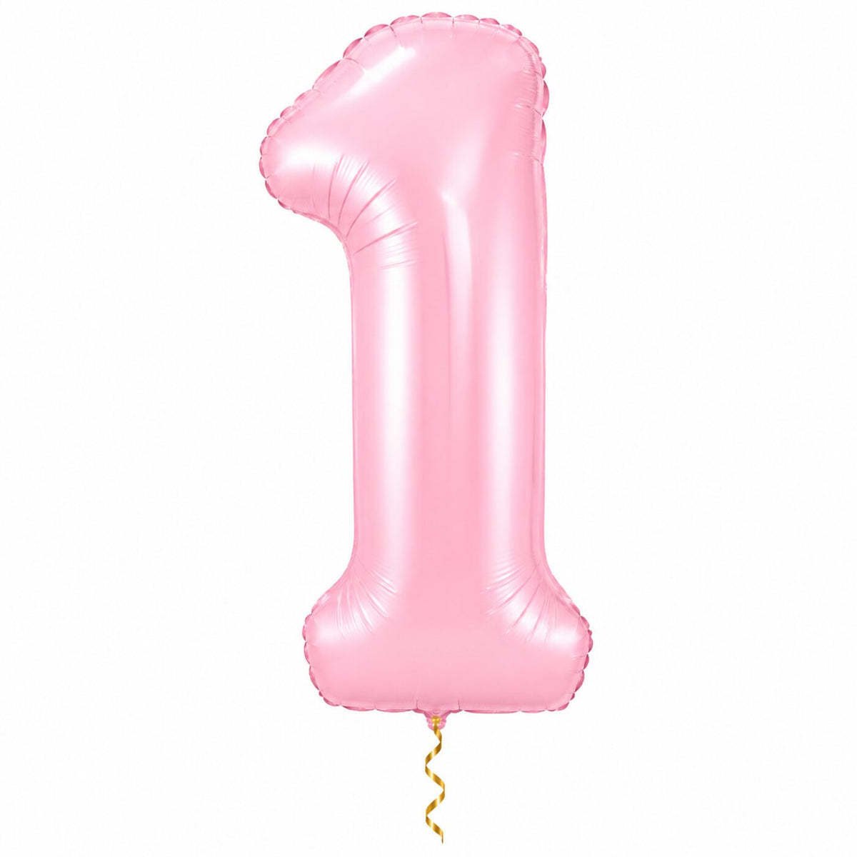1 Jaar Cijfer Pastel Roze XL met dun metallic gouden lint op witte achtergrond – Ballonnenshop.nl