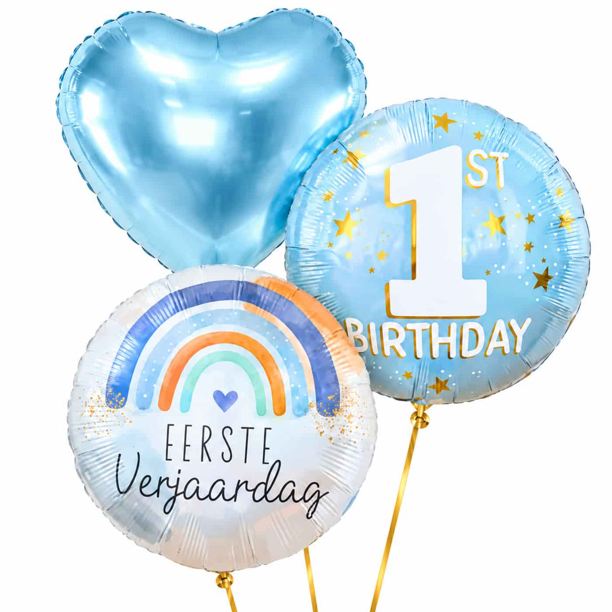 1 Jaar Trosje Blauw – heliumgevulde ballonnen met dunne gouden lintjes op een witte achtergrond