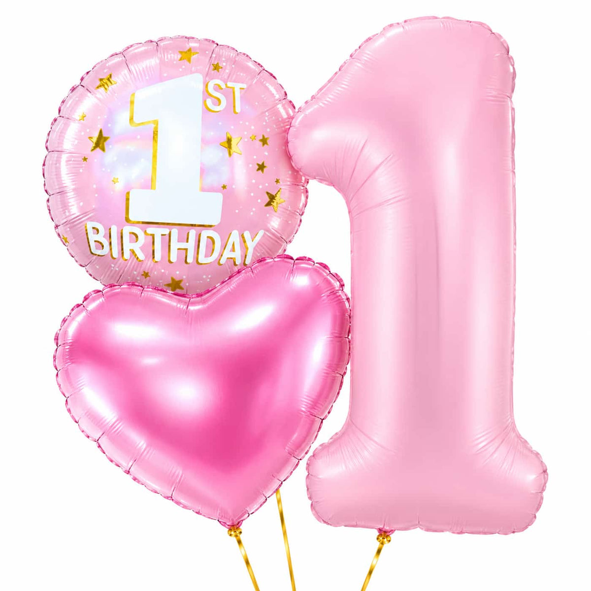 1 Jaar XL Trosje Roze – heliumgevulde ballonnen met dunne gouden lintjes op een witte achtergrond