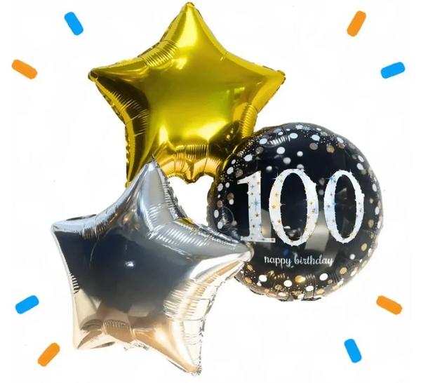 100 Jaar Trosje Zilver/Zwart/Goud - Gevuld Met Helium - 46 cm - Ballonnenshop.nl