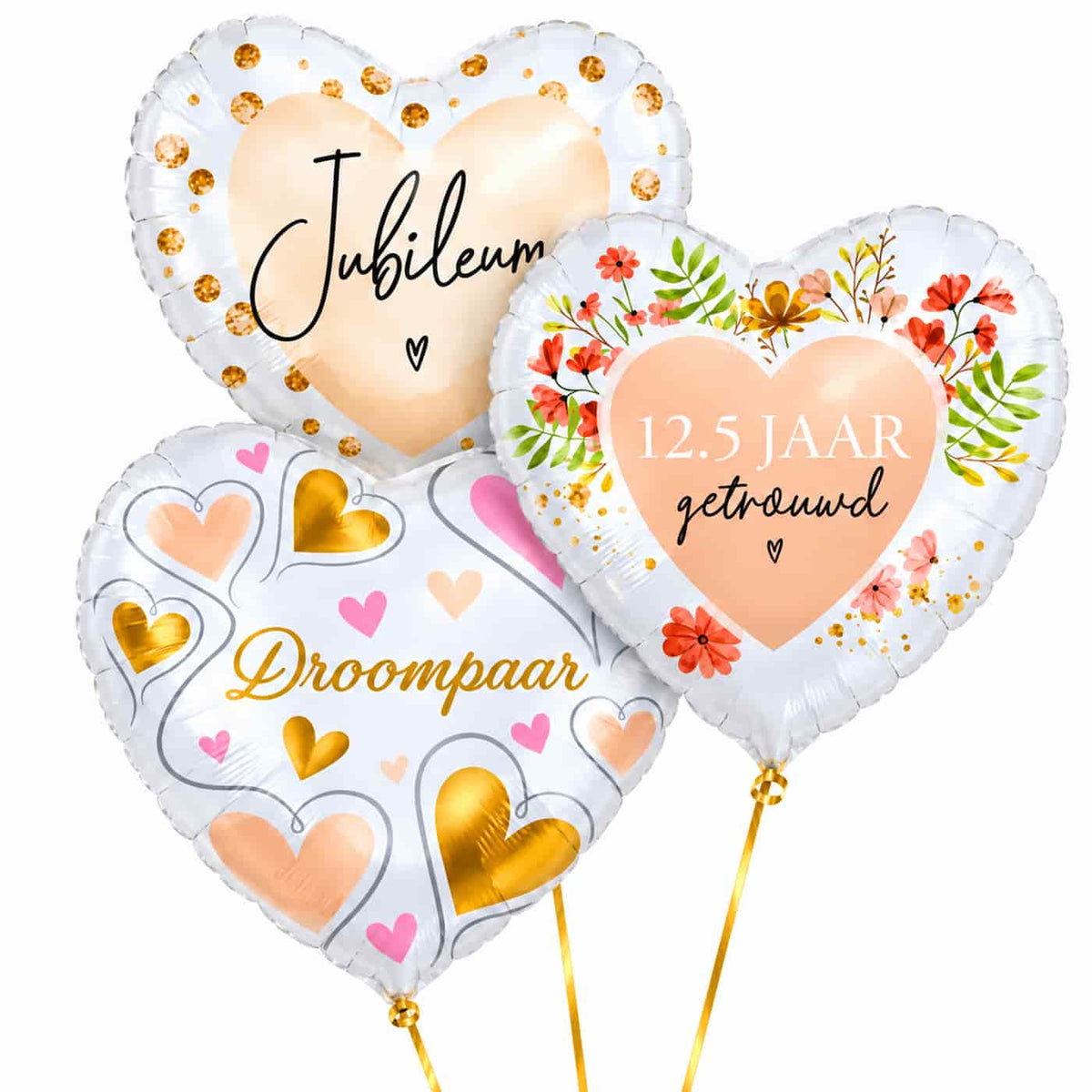 12.5 Jaar Getrouwd Trosje – heliumgevulde ballonnen met dunne gouden lintjes op een witte achtergrond