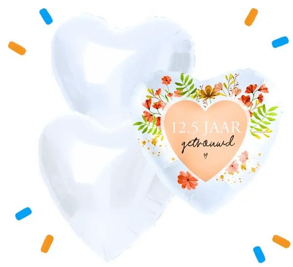 12.5 Jaar Getrouwd Witte Hartjes Trosje Helium Ballonnen - Gevuld Met Helium - 46 cm - Ballonnenshop.nl