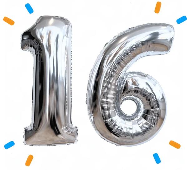 16 Jaar Cijfer Ballonnen Zilver - Gevuld Met Helium - 66 cm - Ballonnenshop.nl