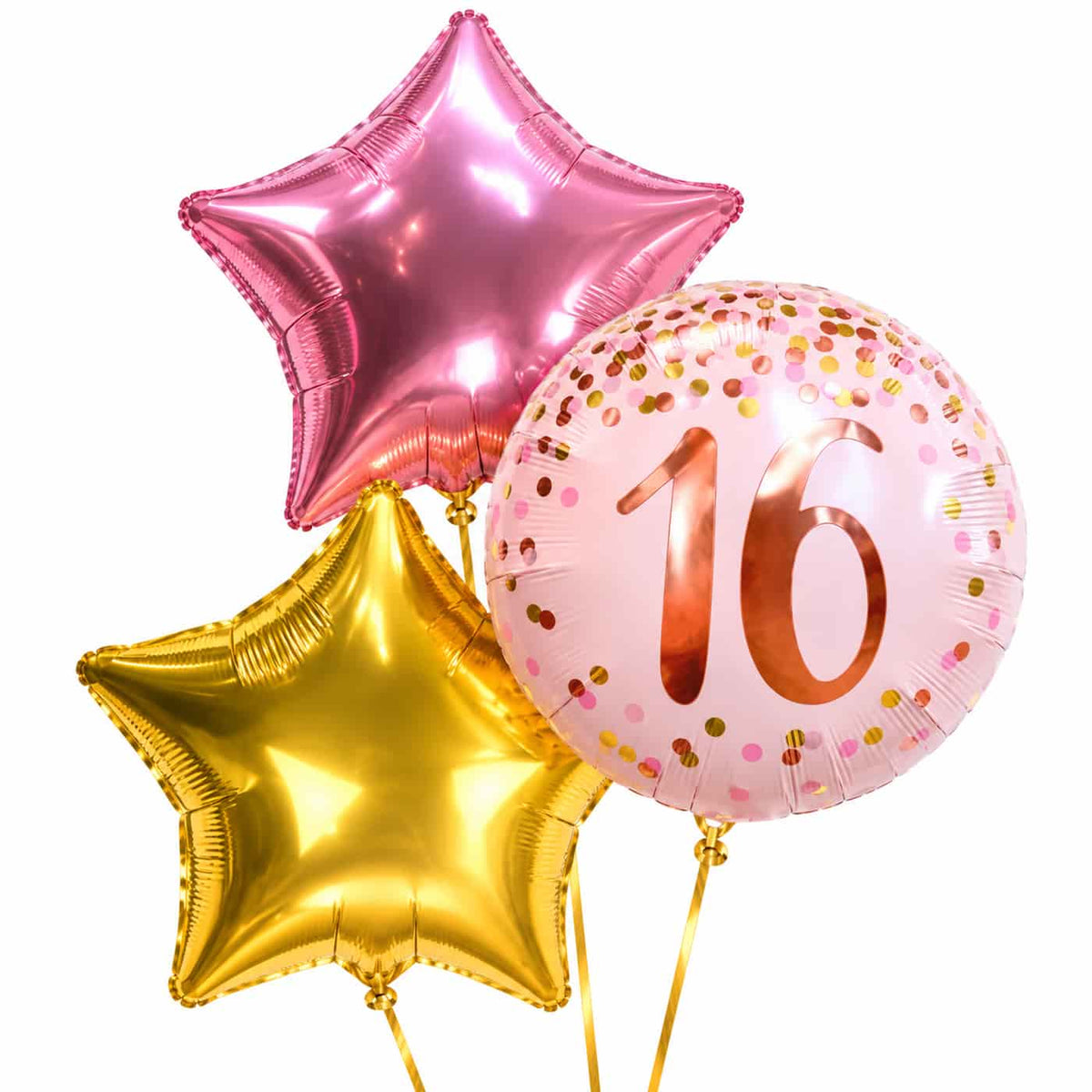 16 Jaar Trosje Roze/Goud/Rose Goud – heliumgevulde ballonnen met dunne gouden lintjes op een witte achtergrond