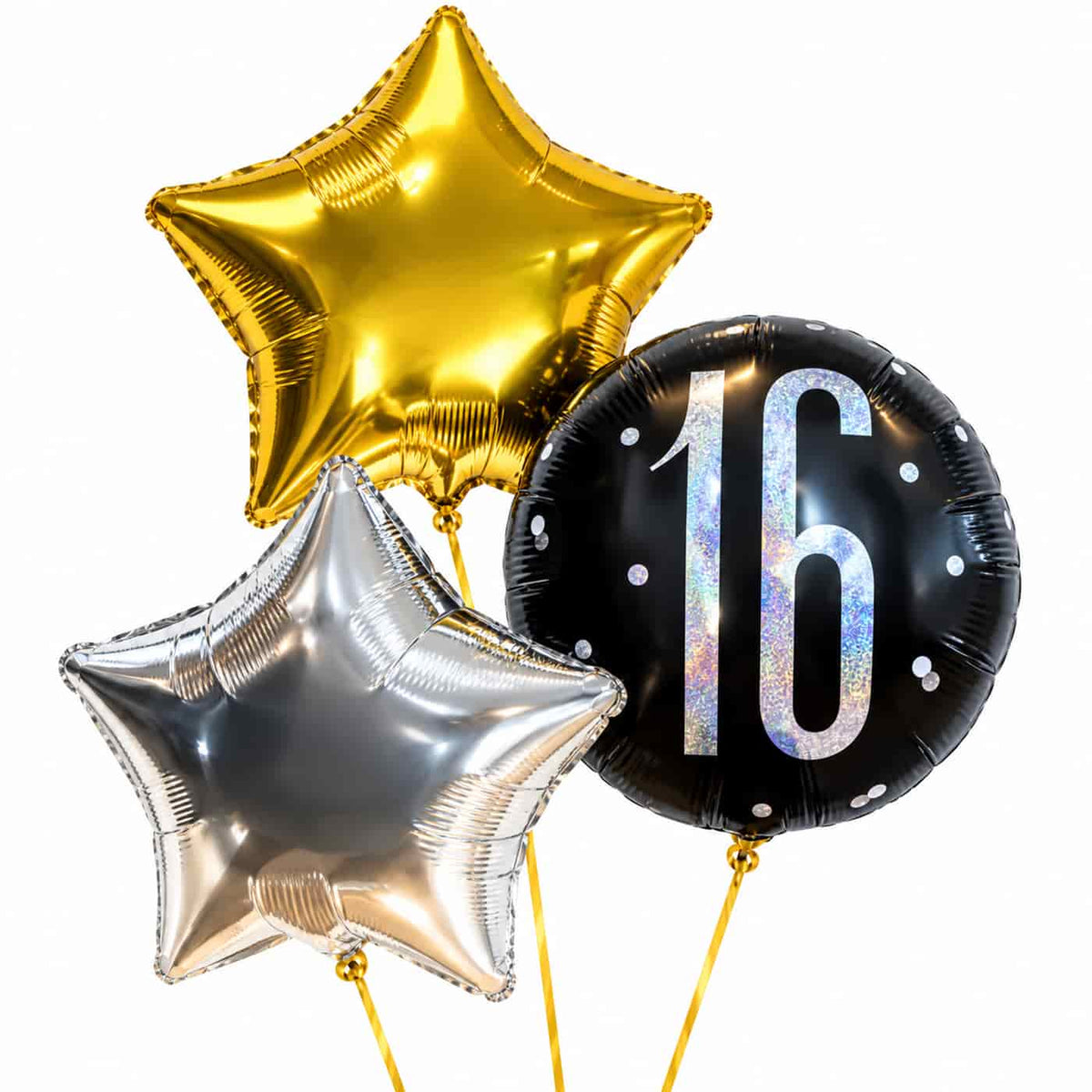 16 Jaar Trosje Zilver/Zwart/Goud – heliumgevulde ballonnen met dunne gouden lintjes op een witte achtergrond