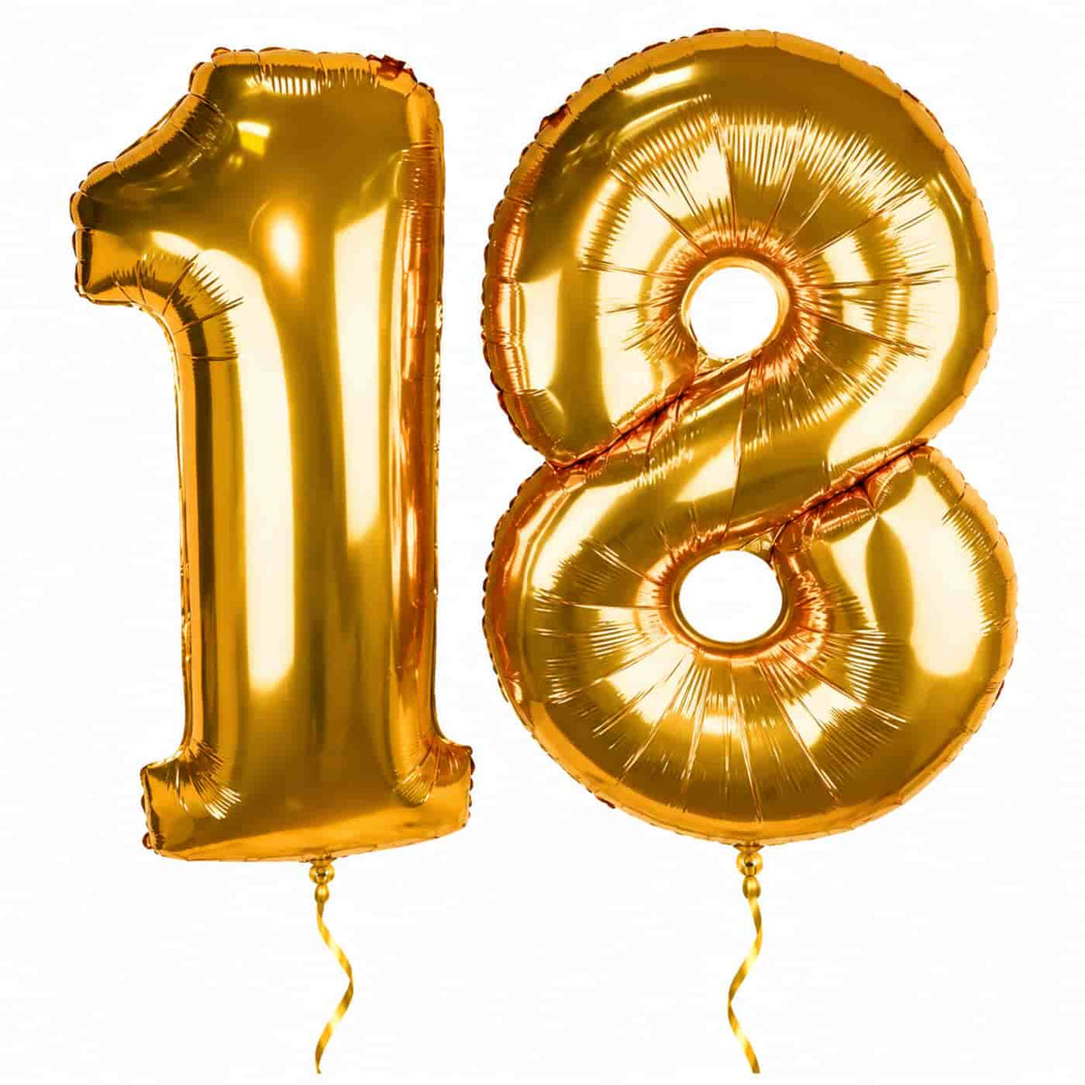 18 Jaar Cijfer Ballonnen Goud – heliumgevulde ballonnen met dunne gouden lintjes op een witte achtergrond
