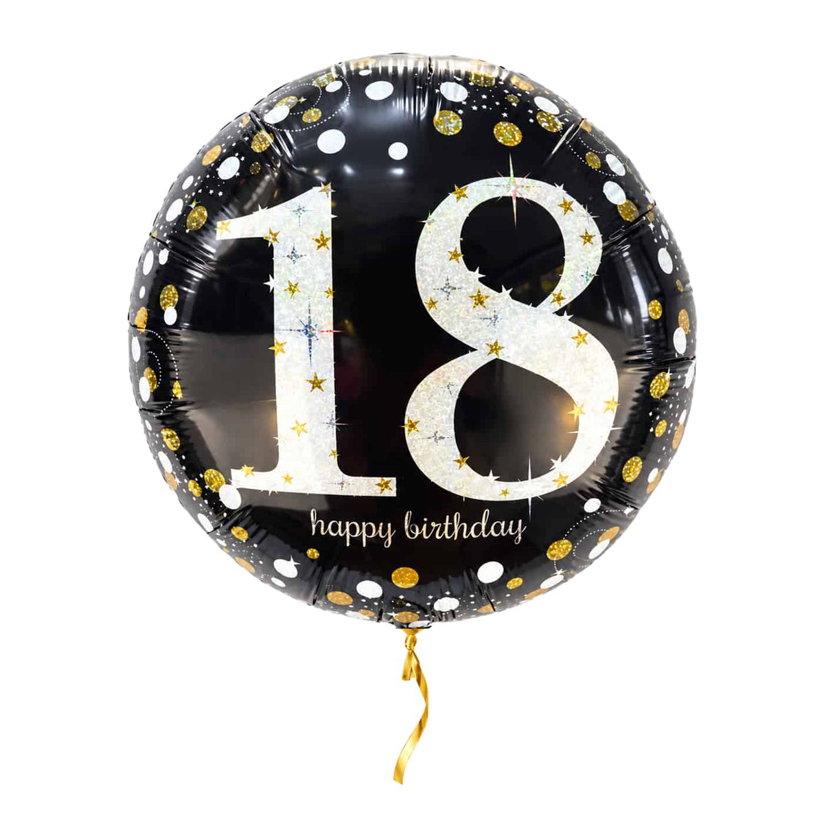 18 Jaar Ballon Zwart/Zilver/Goud – met helium gevuld, met gouden lint