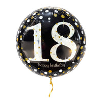 18 Jaar Ballon Zwart/Zilver/Goud – met helium gevuld, met gouden lint