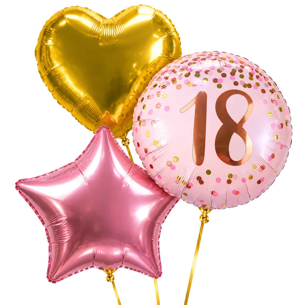18 Jaar Trosje Roze/Goud/Rose Goud – heliumgevulde ballonnen met dunne gouden lintjes op een witte achtergrond