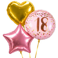18 Jaar Trosje Roze/Goud/Rose Goud – heliumgevulde ballonnen met dunne gouden lintjes op een witte achtergrond