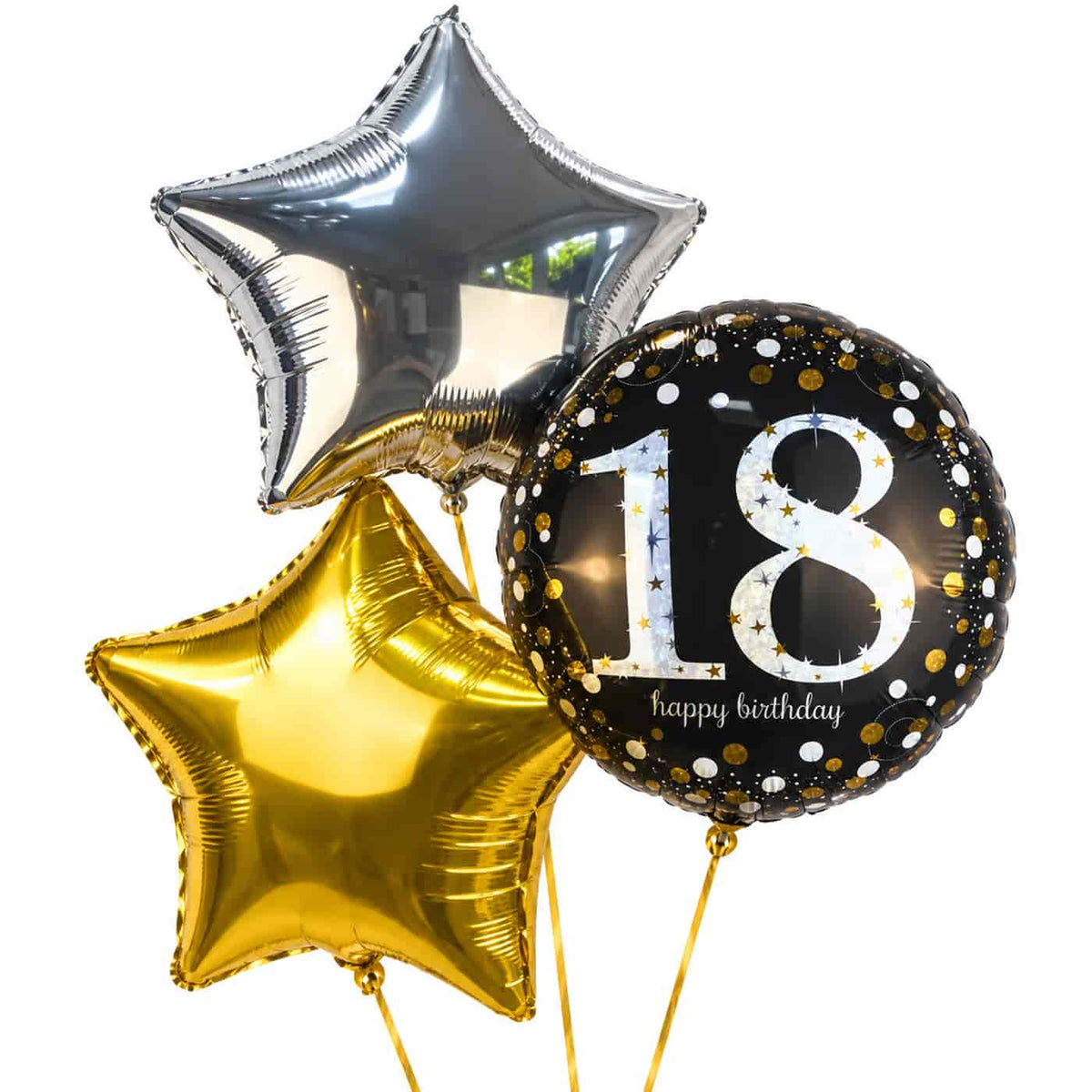 18 Jaar Trosje Zilver/Zwart/Goud – heliumgevulde ballonnen met dunne gouden lintjes op een witte achtergrond