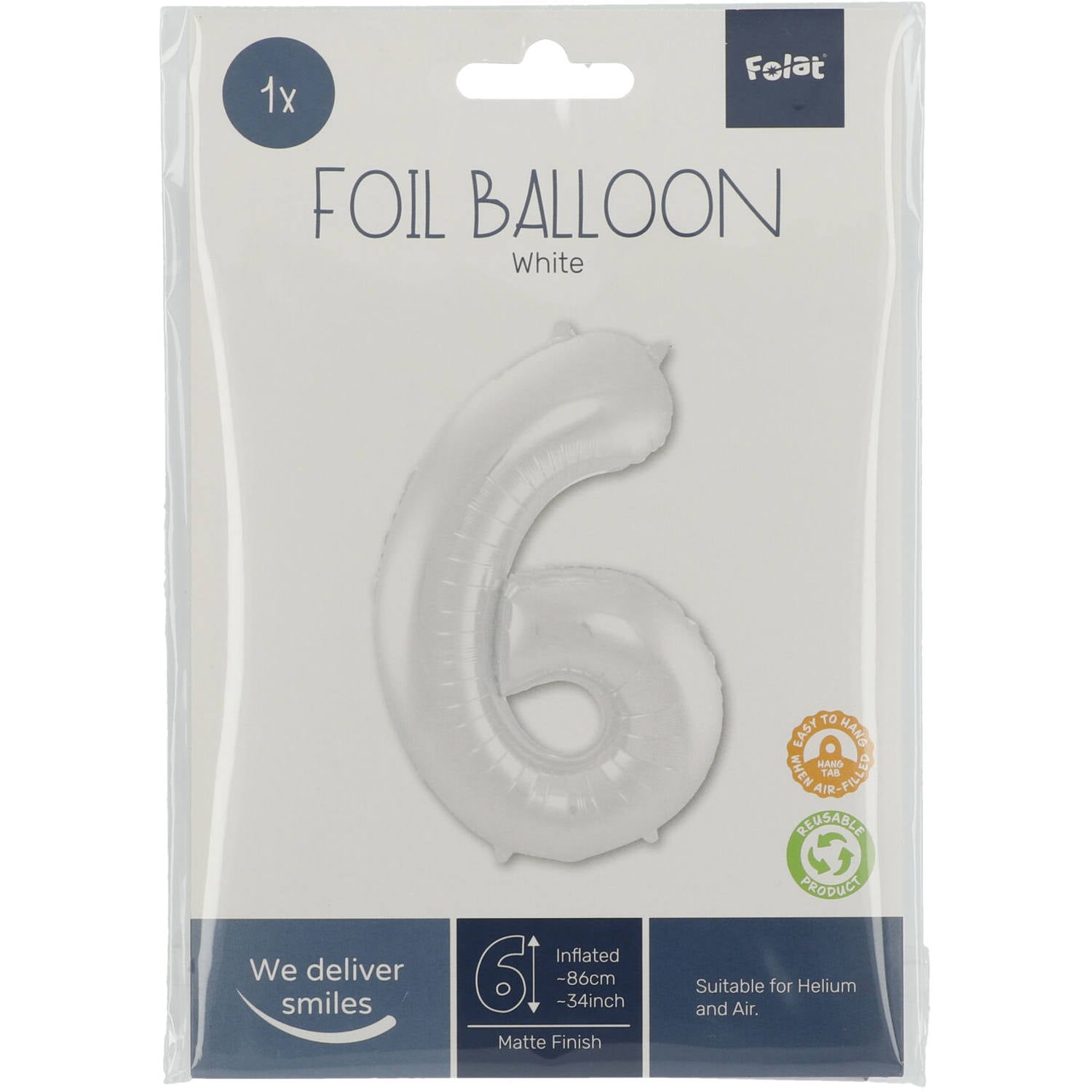 Cijfer Ballon 6 - Wit - 86 cm