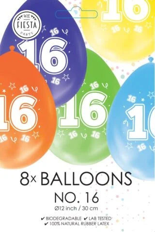Gekleurde Ballonnen 16 jaar - 8 stuks - 30 cm