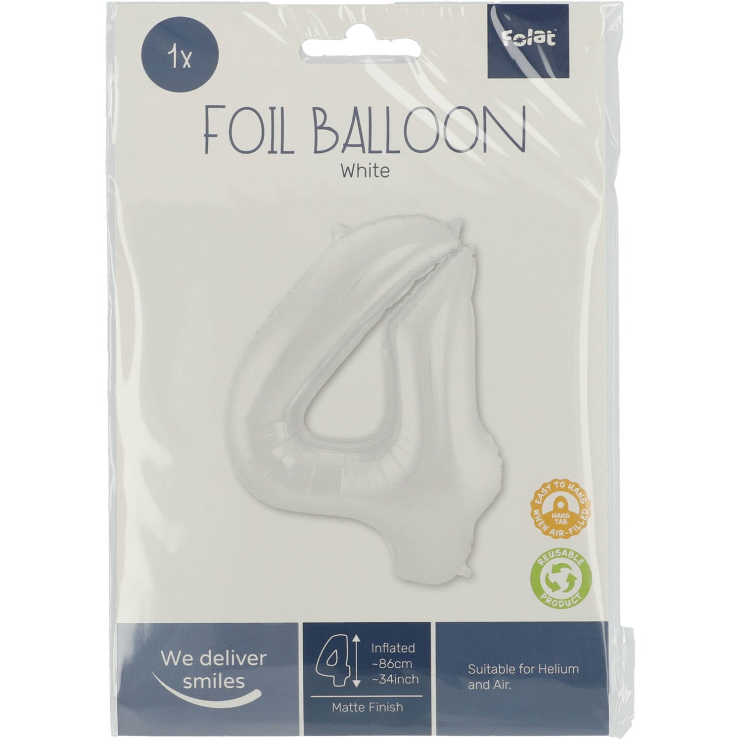 Cijfer Ballon 4 - Wit - 86 cm