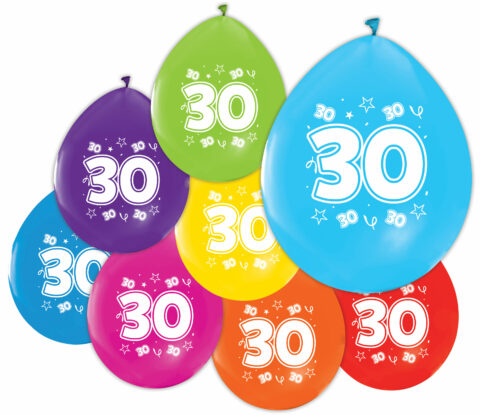 Gekleurde Ballonnen 30 jaar - 8 stuks - 30 cm