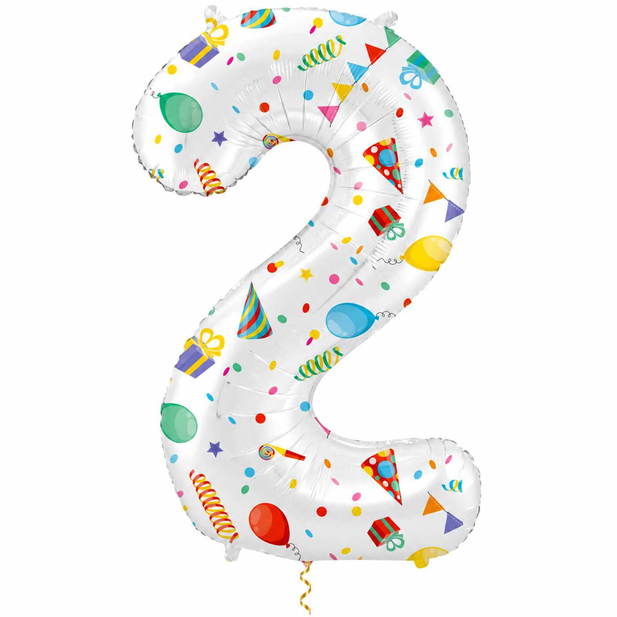 2 Jaar Cijfer Joyful Party XL met dun metallic gouden lint op witte achtergrond – Ballonnenshop.nl