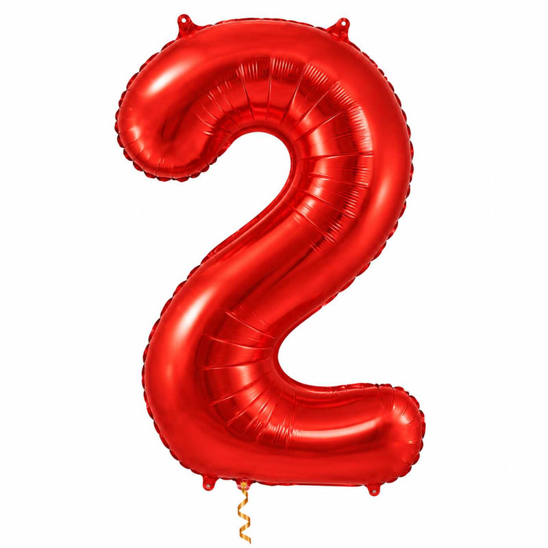 2 Jaar Cijfer Rood XL Ballon met dun metallic gouden lint op witte achtergrond – Ballonnenshop.nl