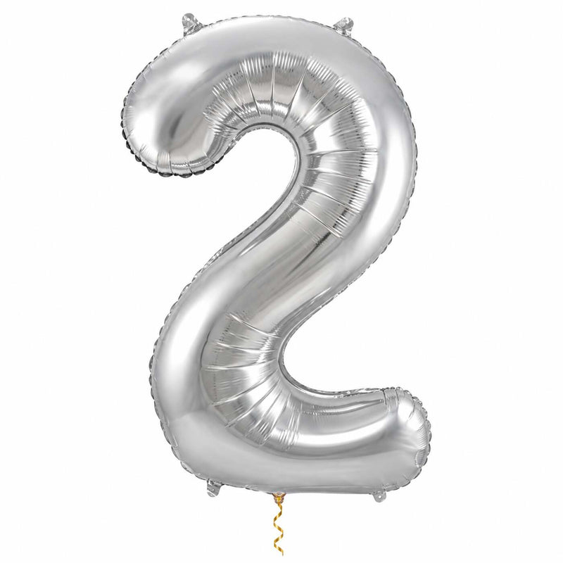 2 Jaar Cijfer Zilver XL Ballon met dun metallic gouden lint op witte achtergrond – Ballonnenshop.nl
