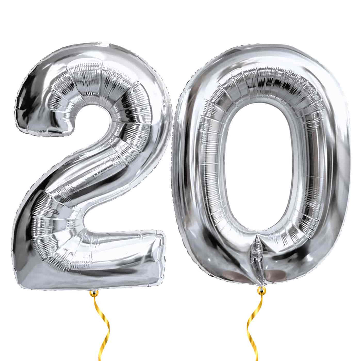 20 Jaar Cijfer Ballonnen Zilver – heliumgevulde ballonnen met dunne gouden lintjes op een witte achtergrond