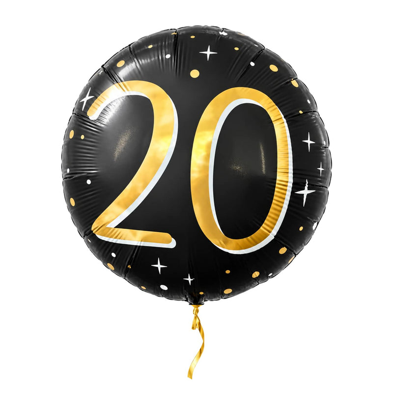 20 Jaar Helium Ballon Zwart/Goud – met helium gevuld, met gouden lint