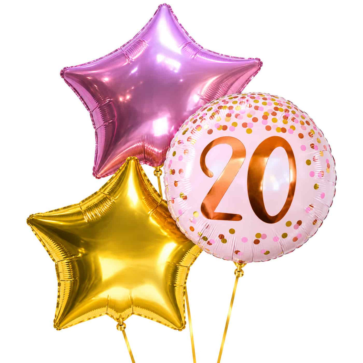 20 Jaar Trosje Roze/Goud/Rose Goud – heliumgevulde ballonnen met dunne gouden lintjes op een witte achtergrond