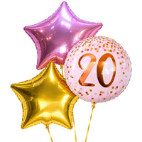 20 Jaar Trosje Roze/Goud/Rose Goud – heliumgevulde ballonnen met dunne gouden lintjes op een witte achtergrond
