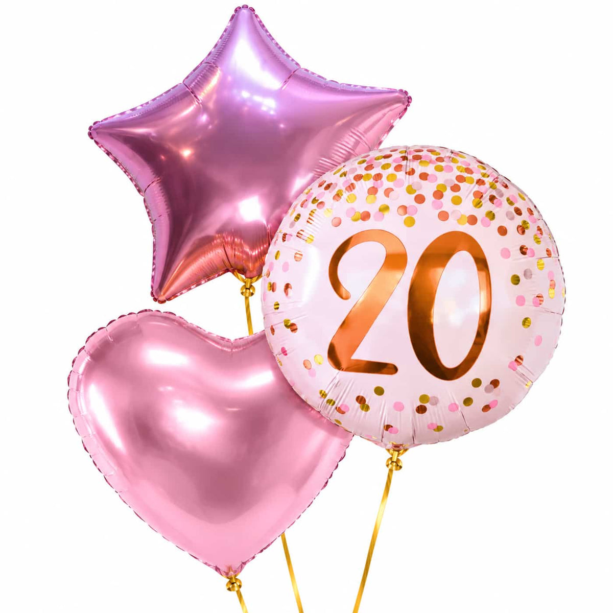 20 Jaar Trosje Roze/Rose Goud – heliumgevulde ballonnen met dunne gouden lintjes op een witte achtergrond