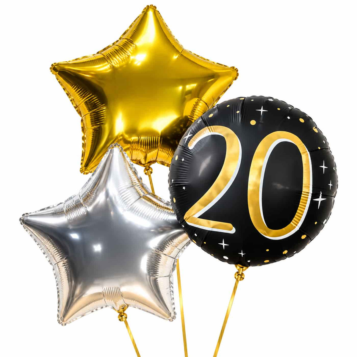 20 Jaar Trosje Zilver/Zwart/Goud – heliumgevulde ballonnen met dunne gouden lintjes op een witte achtergrond