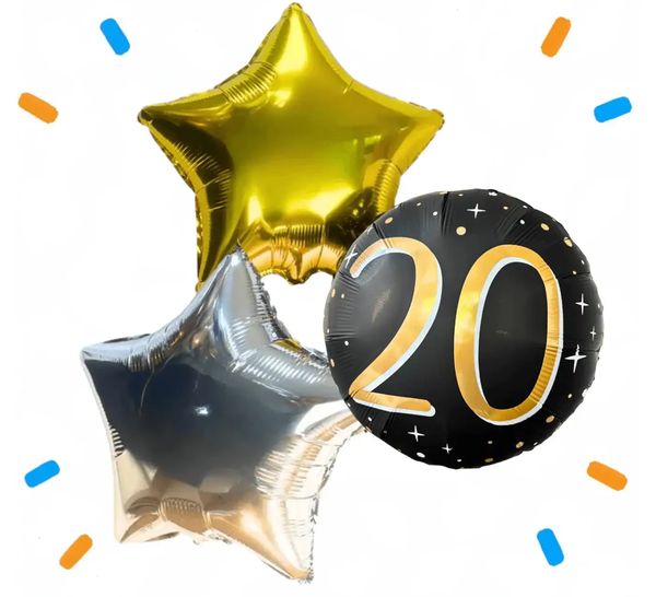 20 Jaar Trosje Zilver/Zwart/Goud - Gevuld Met Helium - 46 cm - Ballonnenshop.nl