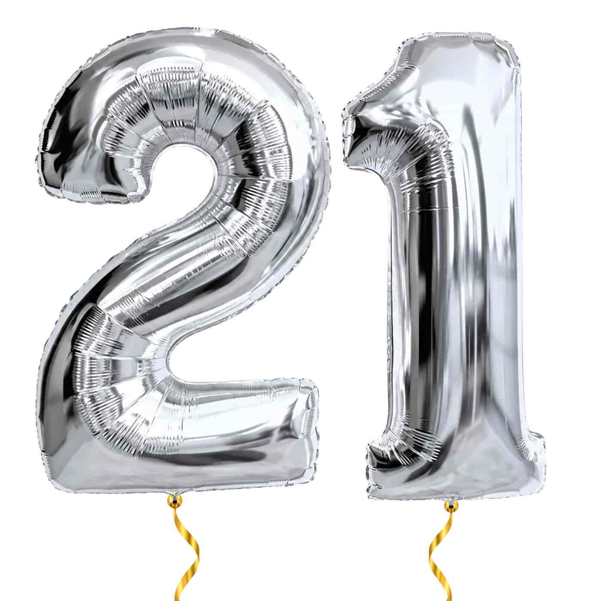 21 Jaar Cijfer Ballonnen Zilver – heliumgevulde ballonnen met dunne gouden lintjes op een witte achtergrond