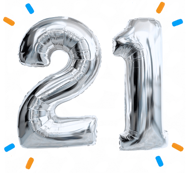 21 Jaar Cijfer Ballonnen Zilver - Gevuld Met Helium - 66 cm