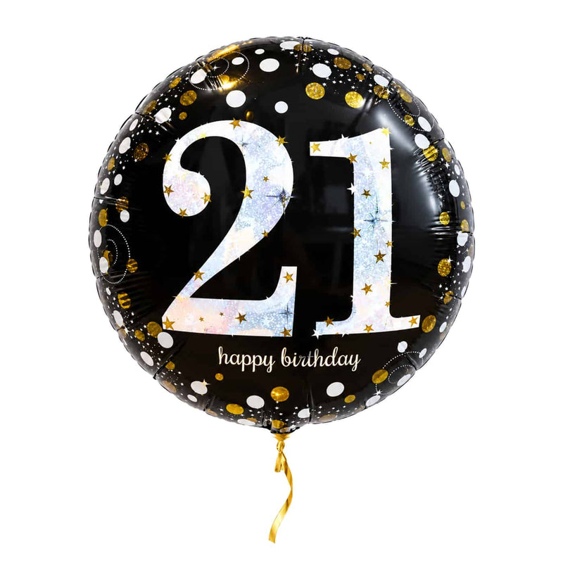 21 Jaar Ballon Zwart/Zilver/Goud – met helium gevuld, met gouden lint