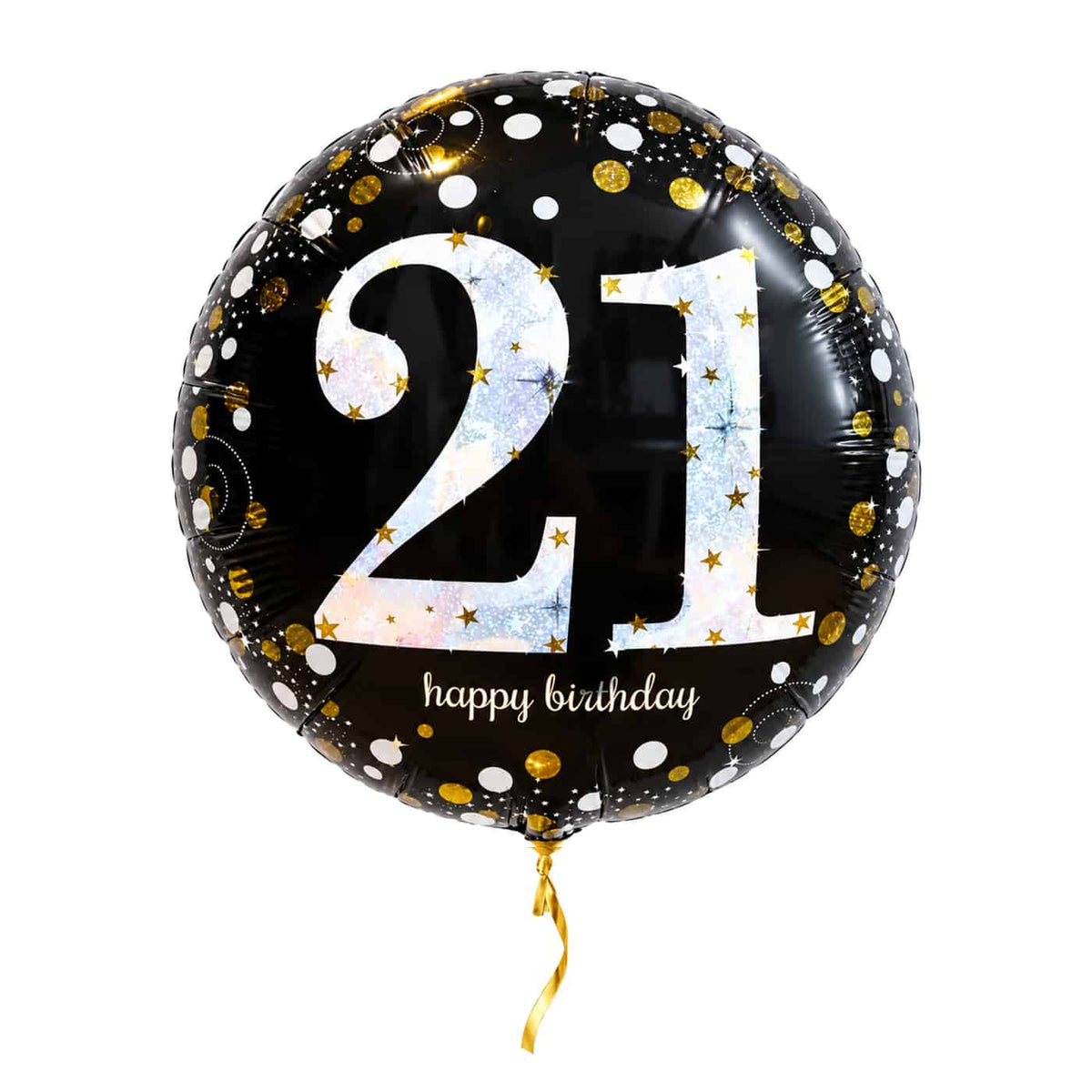 21 Jaar Ballon Zwart/Zilver/Goud – met helium gevuld, met gouden lint