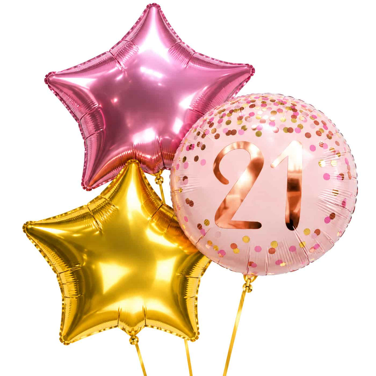 21 Jaar Trosje Roze/Goud/Rose Goud – heliumgevulde ballonnen met dunne gouden lintjes op een witte achtergrond