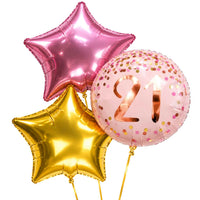 21 Jaar Trosje Roze/Goud/Rose Goud – heliumgevulde ballonnen met dunne gouden lintjes op een witte achtergrond