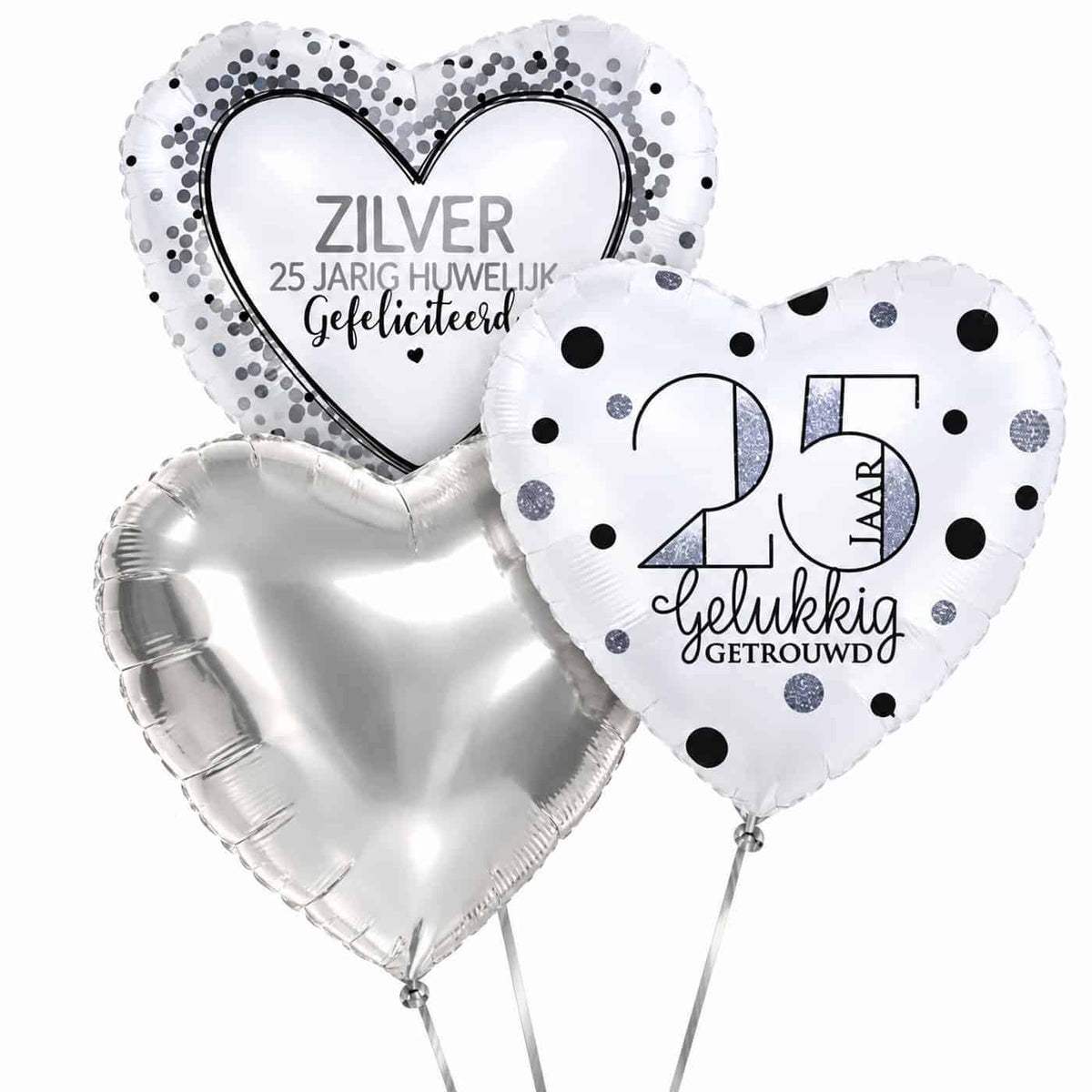 25 Jaar Getrouwd Trosje Zilver – heliumgevulde ballonnen met dunne metallic-zilveren lintjes op een witte achtergrond
