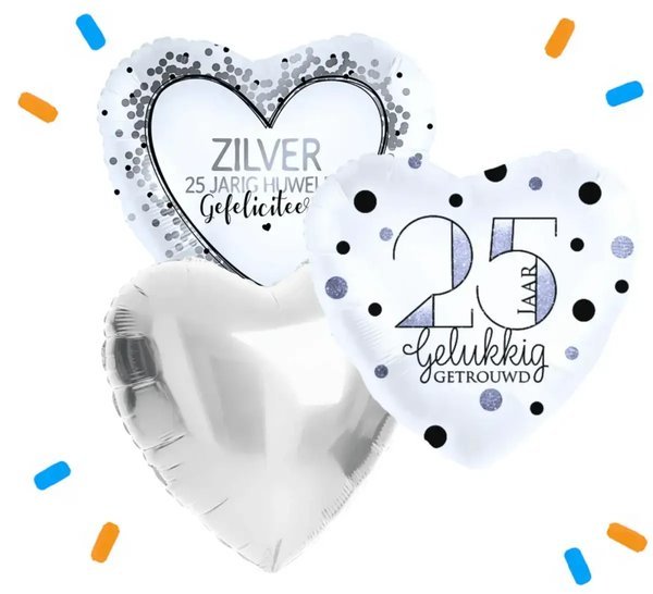 25 Jaar Getrouwd Trosje Helium Ballonnen Zilver - Gevuld Met Helium - 46 cm - Ballonnenshop.nl