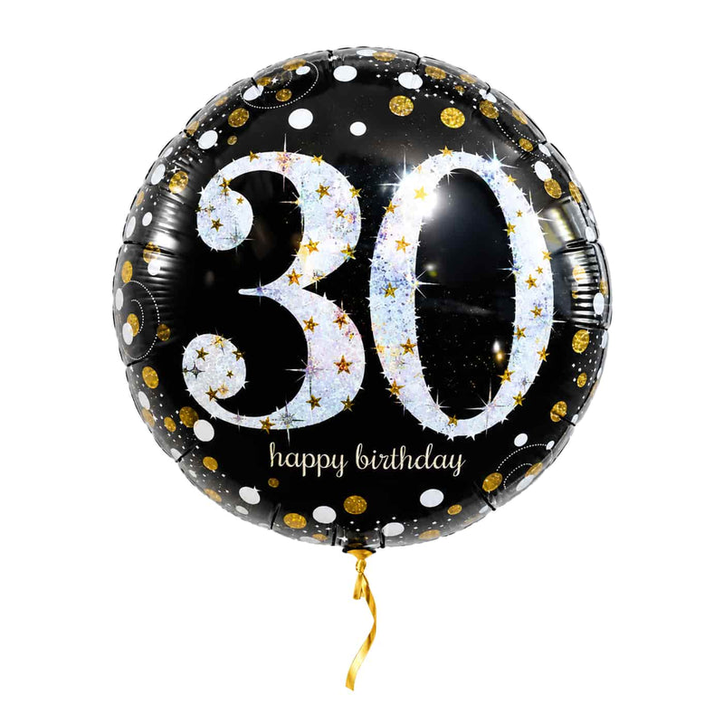 30 Jaar Ballon Zwart/Zilver/Goud – met helium gevuld, met gouden lint