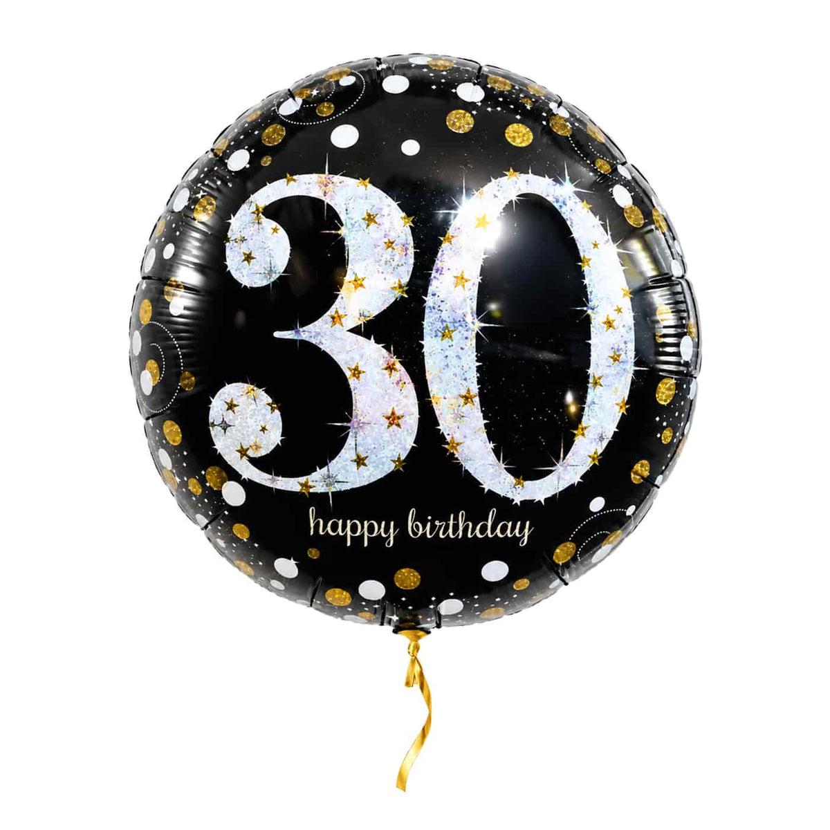 30 Jaar Ballon Zwart/Zilver/Goud – met helium gevuld, met gouden lint
